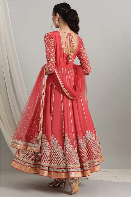 Shop Kyra By Bhavna Coral Net, Crepe, Georgette Sequins, Embroidery And Thread Anarkali Pant Set at Aza Fashions Shop_Kyra By Bhavna_Coral Net, Crepe, Georgette Sequins, Embroidery And Thread Anarkali Pant Set _at_Aza_Fashions