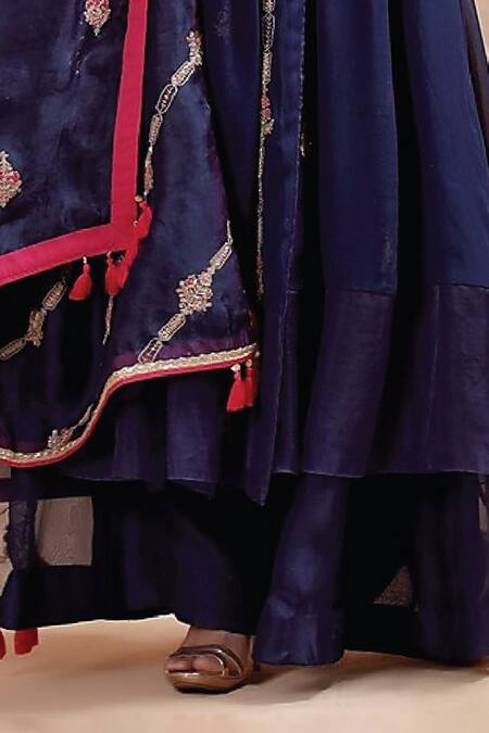 Kyra By Bhavna_Blue Georgette, Organza, Satin Zari, Embroidered Angarkha Anarkali Pant Set _Online_at_Aza_Fashions