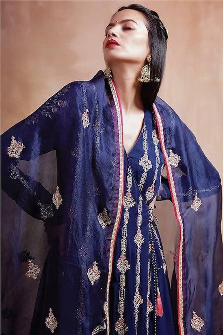 Buy_Kyra By Bhavna_Blue Georgette, Organza, Satin Zari, Embroidered Angarkha Anarkali Pant Set _Online_at_Aza_Fashions