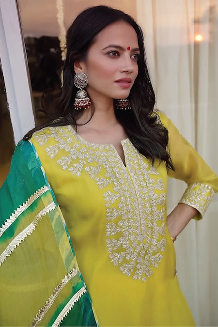 Shop Kyra By Bhavna Yellow Organza, Chanderi Embroidery, Zari Split V-neck Kurta Sharara Set at Aza Fashions Shop_Kyra By Bhavna_Yellow Organza, Chanderi Embroidery, Zari Split V-neck Kurta Sharara Set _at_Aza_Fashions