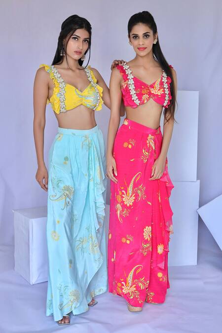 Foram Patel_Pink Crepe Embroidery Sweetheart Neck Flora Print Cowrie Blouse With Pant_Online_at_Aza_Fashions