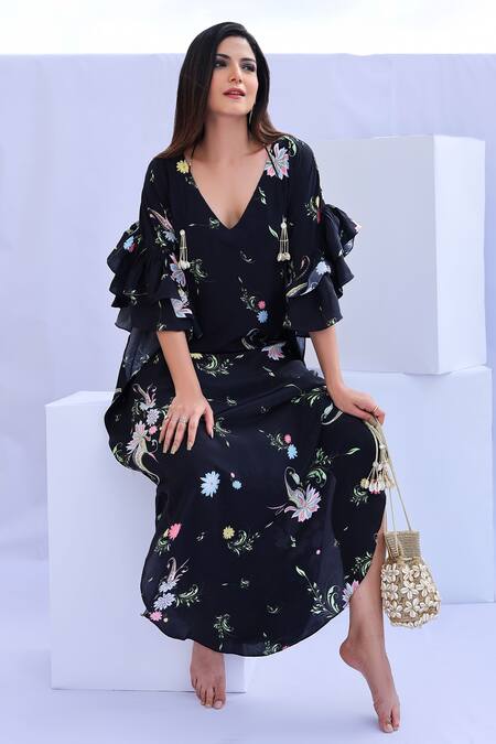Shop Foram Patel Black Crepe Tassels V-neck Bloom Print Asymmetric Kaftan at Aza Fashions Shop_Foram Patel_Black Crepe Tassels V-neck Bloom Print Asymmetric Kaftan_at_Aza_Fashions