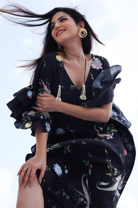 Foram Patel Black Crepe Tassels V-neck Bloom Print Asymmetric Kaftan Online at Aza Fashions Foram Patel_Black Crepe Tassels V-neck Bloom Print Asymmetric Kaftan_Online_at_Aza_Fashions
