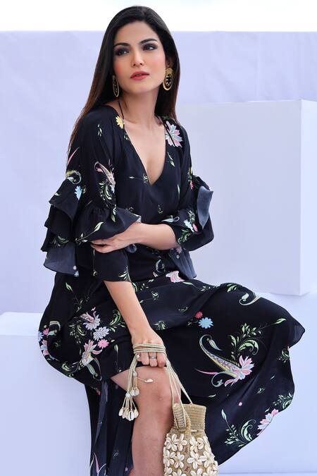 Buy Foram Patel Black Crepe Tassels V-neck Bloom Print Asymmetric Kaftan Online at Aza Fashions Buy_Foram Patel_Black Crepe Tassels V-neck Bloom Print Asymmetric Kaftan_Online_at_Aza_Fashions