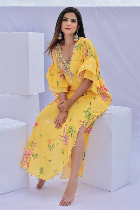 Foram Patel_Yellow V-neck Paisley Floral Print Kaftan With Inner_Online_at_Aza_Fashions