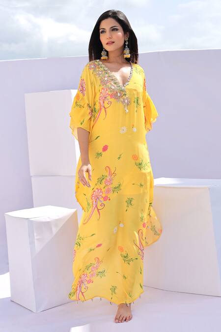 Shop_Foram Patel_Yellow V-neck Paisley Floral Print Kaftan With Inner_Online_at_Aza_Fashions