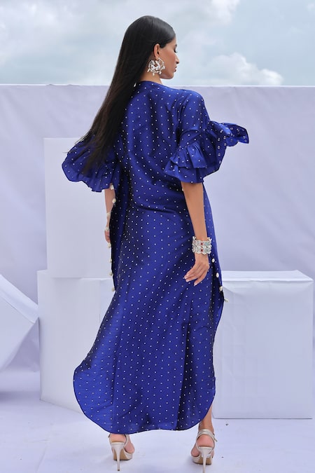 Shop Foram Patel Blue Brocade Tassels V-neck Cowrie Shells Embellished Kaftan at Aza Fashions Shop_Foram Patel_Blue Brocade Tassels V-neck Cowrie Shells Embellished Kaftan_at_Aza_Fashions