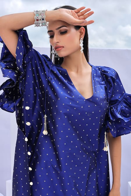 Foram Patel Blue Brocade Tassels V-neck Cowrie Shells Embellished Kaftan Online at Aza Fashions Foram Patel_Blue Brocade Tassels V-neck Cowrie Shells Embellished Kaftan_Online_at_Aza_Fashions