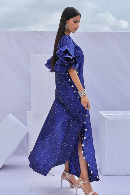 Buy Foram Patel Blue Brocade Tassels V-neck Cowrie Shells Embellished Kaftan Online at Aza Fashions Buy_Foram Patel_Blue Brocade Tassels V-neck Cowrie Shells Embellished Kaftan_Online_at_Aza_Fashions