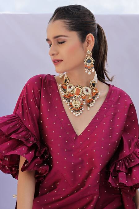 Foram Patel Pink Brocade Embroidery V-neck Cowrie Embellished Kaftan Online at Aza Fashions Foram Patel_Pink Brocade Embroidery V-neck Cowrie Embellished Kaftan_Online_at_Aza_Fashions