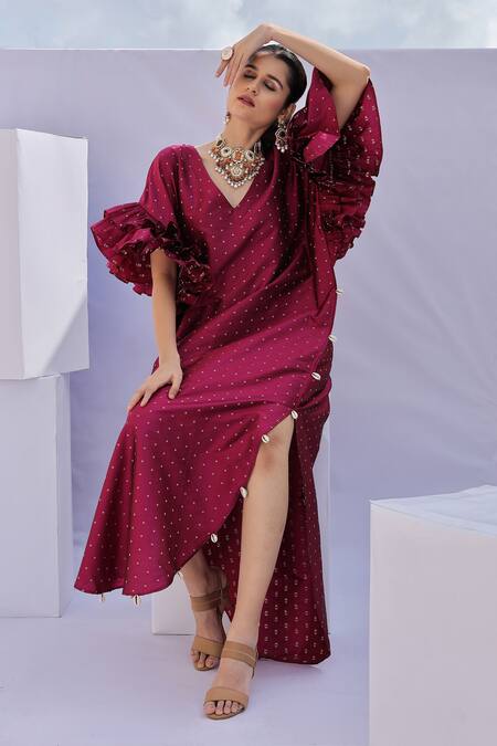 Shop Foram Patel Pink Brocade Embroidery V-neck Cowrie Embellished Kaftan Online at Aza Fashions Shop_Foram Patel_Pink Brocade Embroidery V-neck Cowrie Embellished Kaftan_Online_at_Aza_Fashions