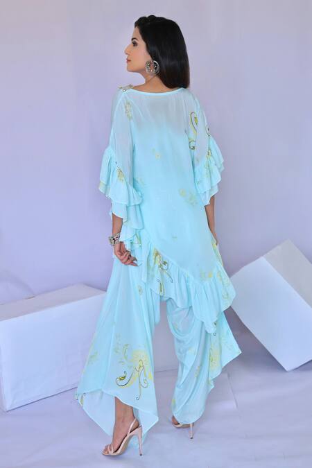 Shop Foram Patel Blue Crepe Mirrors, Embroidery Daisy Bloom Print Ruffled Kurta Flared Pant Set at Aza Fashions Shop_Foram Patel_Blue Crepe Mirrors, Embroidery Daisy Bloom Print Ruffled Kurta Flared Pant Set_at_Aza_Fashions