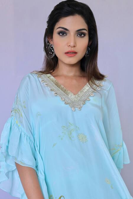 Foram Patel Blue Crepe Mirrors, Embroidery Daisy Bloom Print Ruffled Kurta Flared Pant Set Online at Aza Fashions Foram Patel_Blue Crepe Mirrors, Embroidery Daisy Bloom Print Ruffled Kurta Flared Pant Set_Online_at_Aza_Fashions