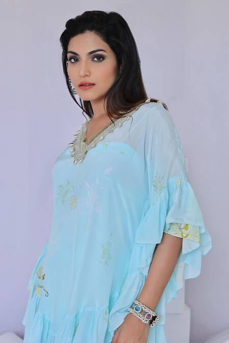 Buy Foram Patel Blue Crepe Mirrors, Embroidery Daisy Bloom Print Ruffled Kurta Flared Pant Set Online at Aza Fashions Buy_Foram Patel_Blue Crepe Mirrors, Embroidery Daisy Bloom Print Ruffled Kurta Flared Pant Set_Online_at_Aza_Fashions