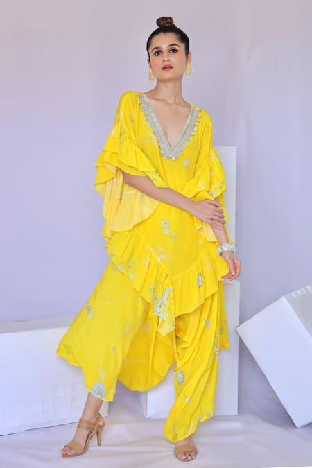 Foram Patel Yellow Crepe Mirrors, Embroidery Blossom Print Ruffled Kurta Flared Pant Set 