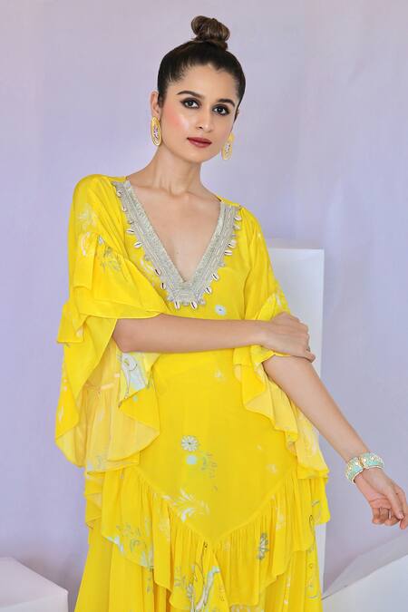 Foram Patel_Yellow Crepe Mirrors, Embroidery Blossom Print Ruffled Kurta Flared Pant Set_Online_at_Aza_Fashions