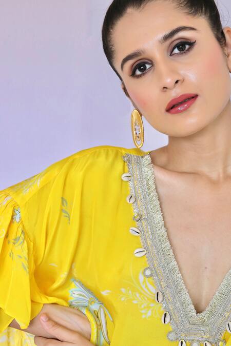 Buy_Foram Patel_Yellow Crepe Mirrors, Embroidery Blossom Print Ruffled Kurta Flared Pant Set_Online_at_Aza_Fashions