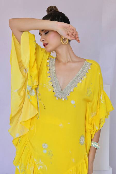 Shop_Foram Patel_Yellow Crepe Mirrors, Embroidery Blossom Print Ruffled Kurta Flared Pant Set_Online_at_Aza_Fashions