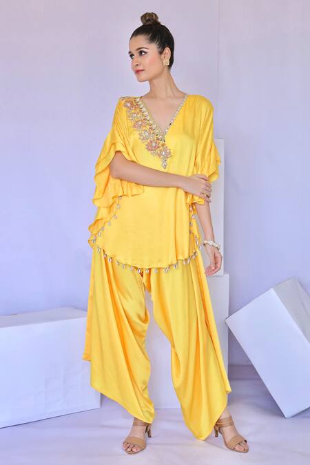 Foram Patel_Yellow Crepe Embroidery V-neck Padma Neckline Kurta With Dhoti Pant_Online_at_Aza_Fashions