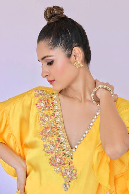 Buy_Foram Patel_Yellow Crepe Embroidery V-neck Padma Neckline Kurta With Dhoti Pant_Online_at_Aza_Fashions
