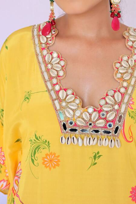 Buy Foram Patel Yellow Crepe Embroidery Scoop Neck Tulip Bloom Print Kurta With Flared Pant Online at Aza Fashions Buy_Foram Patel_Yellow Crepe Embroidery Scoop Neck Tulip Bloom Print Kurta With Flared Pant_Online_at_Aza_Fashions