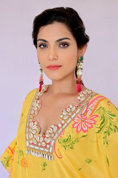 Shop Foram Patel Yellow Crepe Embroidery Scoop Neck Tulip Bloom Print Kurta With Flared Pant Online at Aza Fashions Shop_Foram Patel_Yellow Crepe Embroidery Scoop Neck Tulip Bloom Print Kurta With Flared Pant_Online_at_Aza_Fashions