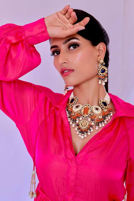 Buy_Foram Patel_Pink Crepe Collared Thigh Slit Wrap Dress_Online_at_Aza_Fashions