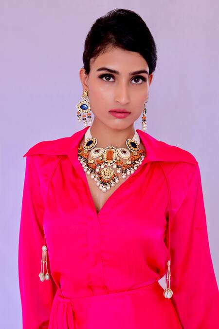 Shop_Foram Patel_Pink Crepe Collared Thigh Slit Wrap Dress_Online_at_Aza_Fashions