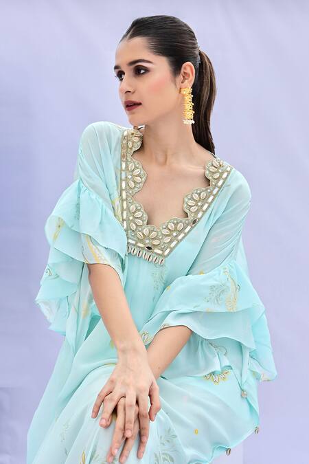 Shop Foram Patel Blue Crepe Mirrors, Embroidery Scalloped Neckline Printed Kaftan With Inner at Aza Fashions Shop_Foram Patel_Blue Crepe Mirrors, Embroidery Scalloped Neckline Printed Kaftan With Inner_at_Aza_Fashions
