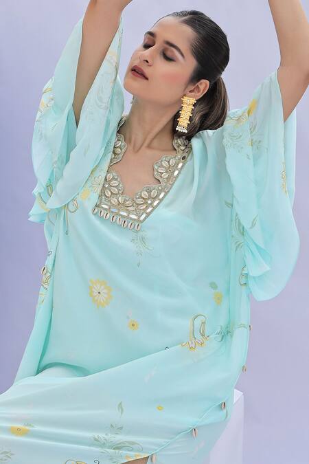 Foram Patel Blue Crepe Mirrors, Embroidery Scalloped Neckline Printed Kaftan With Inner Online at Aza Fashions Foram Patel_Blue Crepe Mirrors, Embroidery Scalloped Neckline Printed Kaftan With Inner_Online_at_Aza_Fashions