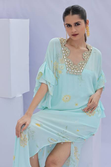 Buy Foram Patel Blue Crepe Mirrors, Embroidery Scalloped Neckline Printed Kaftan With Inner Online at Aza Fashions Buy_Foram Patel_Blue Crepe Mirrors, Embroidery Scalloped Neckline Printed Kaftan With Inner_Online_at_Aza_Fashions