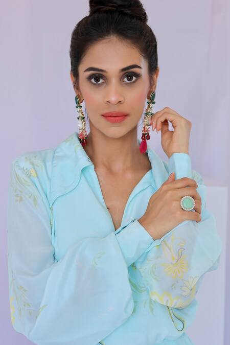 Foram Patel_Blue Crepe Collared Paisley Garden Print Wrap Dress_Online_at_Aza_Fashions