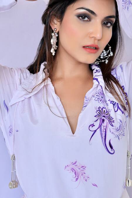 Buy_Foram Patel_White Crepe Collared Lily Bloom Print Wrap Maxi Dress_Online_at_Aza_Fashions