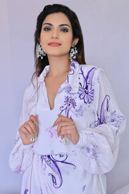 Shop_Foram Patel_White Crepe Collared Lily Bloom Print Wrap Maxi Dress_Online_at_Aza_Fashions