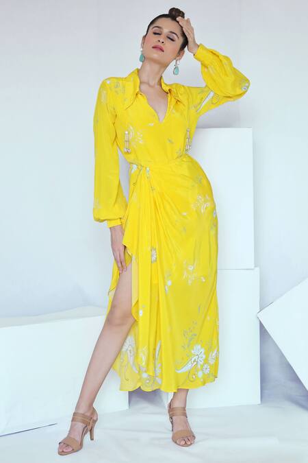 Foram Patel_Yellow Crepe Collared Buttercup Bloom Print Wrap Maxi Dress_Online_at_Aza_Fashions