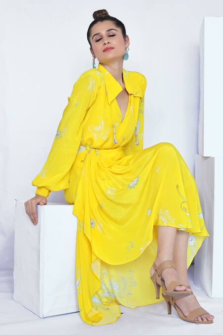 Buy_Foram Patel_Yellow Crepe Collared Buttercup Bloom Print Wrap Maxi Dress_Online_at_Aza_Fashions