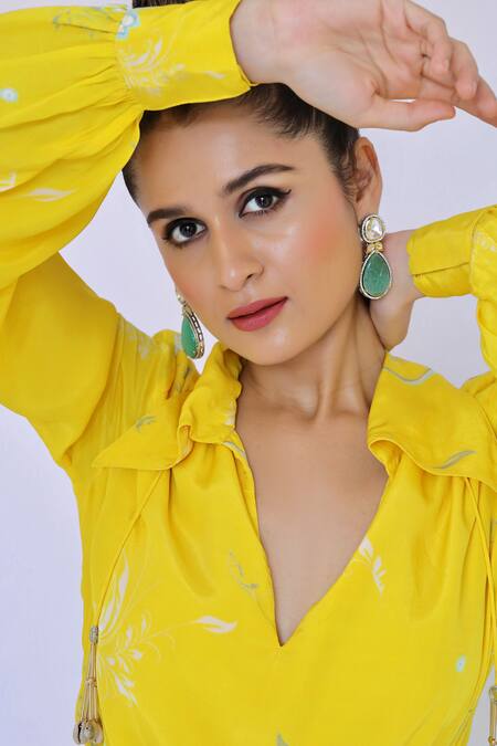 Shop_Foram Patel_Yellow Crepe Collared Buttercup Bloom Print Wrap Maxi Dress_Online_at_Aza_Fashions