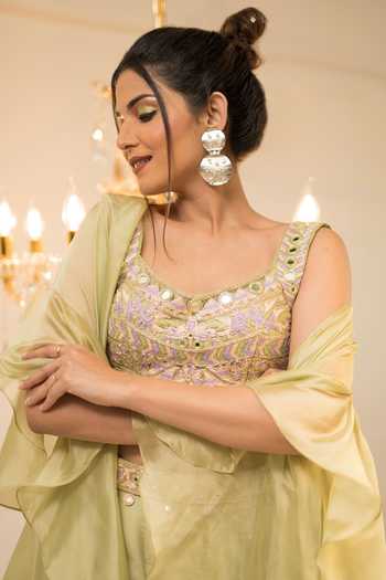 Foram Patel_Green Organza Mirrors, Embroidery V-neck Thread Blouse Cape Set_Online_at_Aza_Fashions