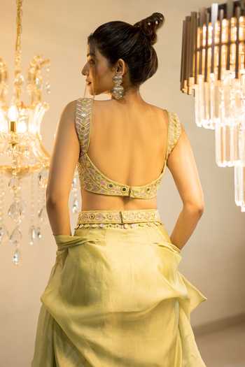 Buy_Foram Patel_Green Organza Mirrors, Embroidery V-neck Thread Blouse Cape Set_Online_at_Aza_Fashions