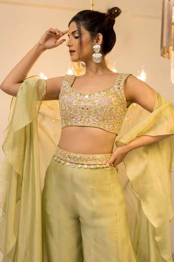 Shop_Foram Patel_Green Organza Mirrors, Embroidery V-neck Thread Blouse Cape Set_Online_at_Aza_Fashions