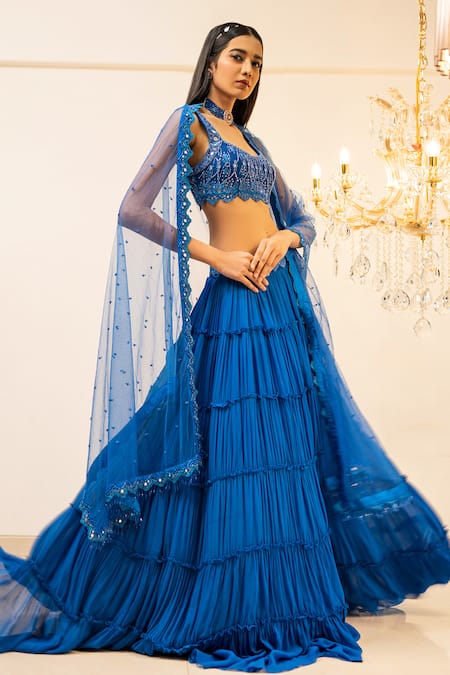 Foram Patel Blue Georgette Embroidered Thread Tiered Lehenga Set With Mirrorwork Blouse 