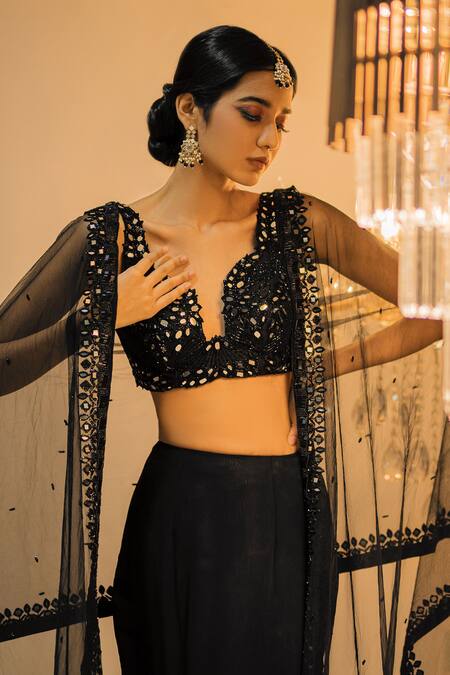 Buy_Foram Patel_Black Net, Georgette Beads, Mermaid Tiered Lehenga Set With Embellished Blouse_Online_at_Aza_Fashions