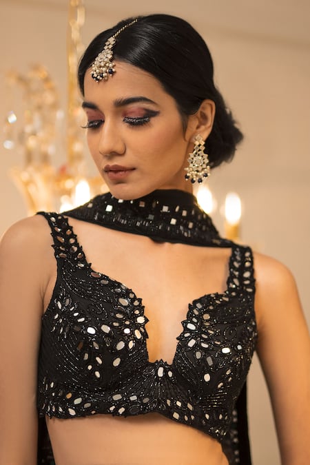Buy_Foram Patel_Black Net, Georgette Beads, Mermaid Tiered Lehenga Set With Embellished Blouse