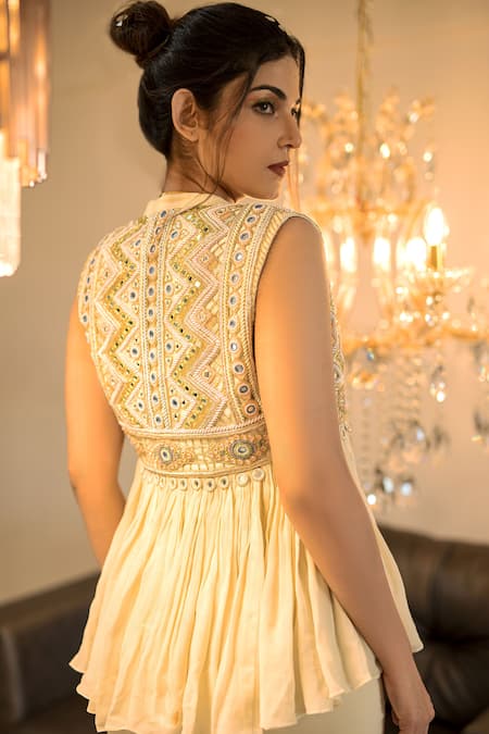 Shop Foram Patel Beige Georgette, Net Cut Work, Mirrors Keyhole Embellished Jacket Gharara Set at Aza Fashions Shop_Foram Patel_Beige Georgette, Net Cut Work, Mirrors Keyhole Embellished Jacket Gharara Set_at_Aza_Fashions