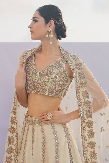 Foram Patel_Beige Organza, Net Cut Work, Lotus Cutdana Embellished Bridal Lehenga Set_Online_at_Aza_Fashions