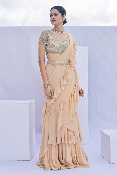 Green ruffle sari paired with blouse & a belt. – Arpita Mehta Official