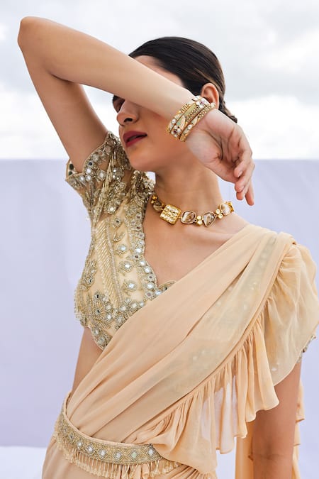 Foram Patel_Gold Net, Georgette Mirrors, Pre-draped Ruffle Saree With Embellished Blouse_Online_at_Aza_Fashions