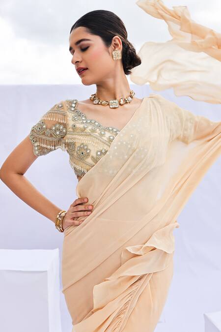 Shop_Foram Patel_Gold Net, Georgette Mirrors, Pre-draped Ruffle Saree With Embellished Blouse_Online_at_Aza_Fashions