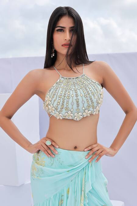 Shop Foram Patel Blue Net, Georgette Mirrors, Paisley Print Pre-draped Ruffle Saree With Blouse Online at Aza Fashions Shop_Foram Patel_Blue Net, Georgette Mirrors, Paisley Print Pre-draped Ruffle Saree With Blouse_Online_at_Aza_Fashions