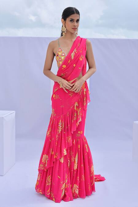Foram Patel_Pink Georgette, Net Cut Work, Pre-draped Ruffle Paisley Print Saree With Blouse_Online_at_Aza_Fashions